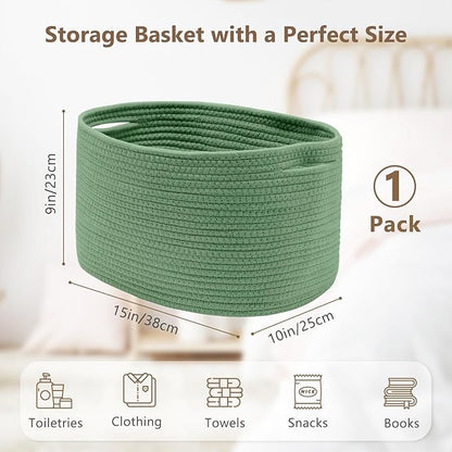 ECDYQXVU Cotton Rope Storage Basket, 15x10x9 Inches, Woven Basket for Shelves, Clothes, Towels, Books, and Laundry, Green (1 Pack)