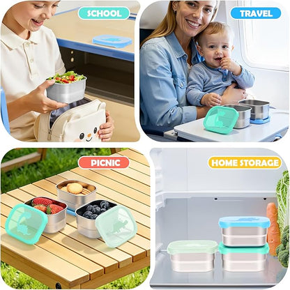 Tanjiae 3×8oz Small Stainless Steel Snack Containers for Kids and Toddlers - 230mL Leakproof Food Containers with Cute Dino Lids | LFGB Certified, Stackable Metal Snack Box for School, Daycare, Travel