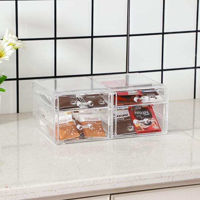 Cq acrylic Makeup Organizers with 4 Drawers,Rectangular Office Stationery Supplies Plastic Clear Storage Containers,Stackable Acrylic Drawers Suitable for Office,School,Home desk organizer