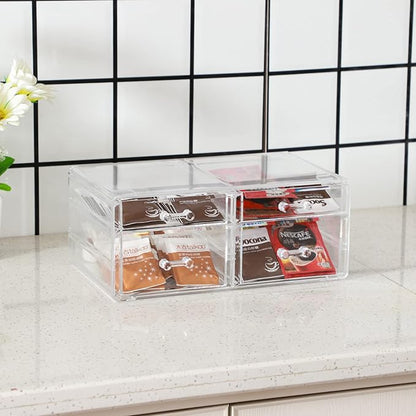 Cq acrylic Makeup Organizers with 4 Drawers,Rectangular Office Stationery Supplies Plastic Clear Storage Containers,Stackable Acrylic Drawers Suitable for Office,School,Home desk organizer