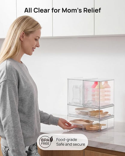 Vtopmart Clear Stackable Storage Drawers Set of 4, Plastic Organizer Bins for Makeup, Cosmetics, Beauty Supplies,Ideal for Vanity, Bathroom,Cabinet,Pantry Organization
