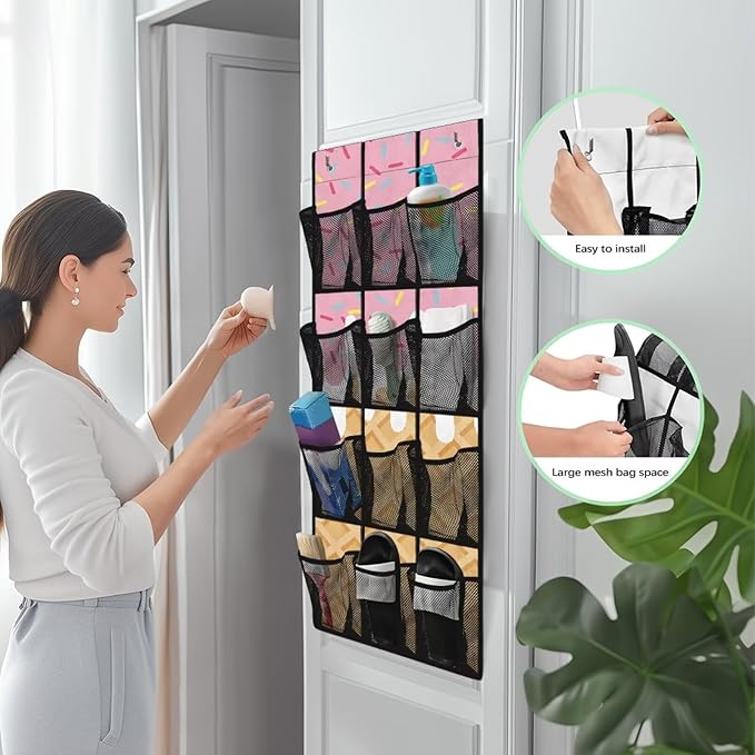 Over Door Hanging Organizer - 12 Reinforced Pockets for Diapers, Cleaning Supplies, Toys, Anti-Slip Metal Hooks,Ice Cream