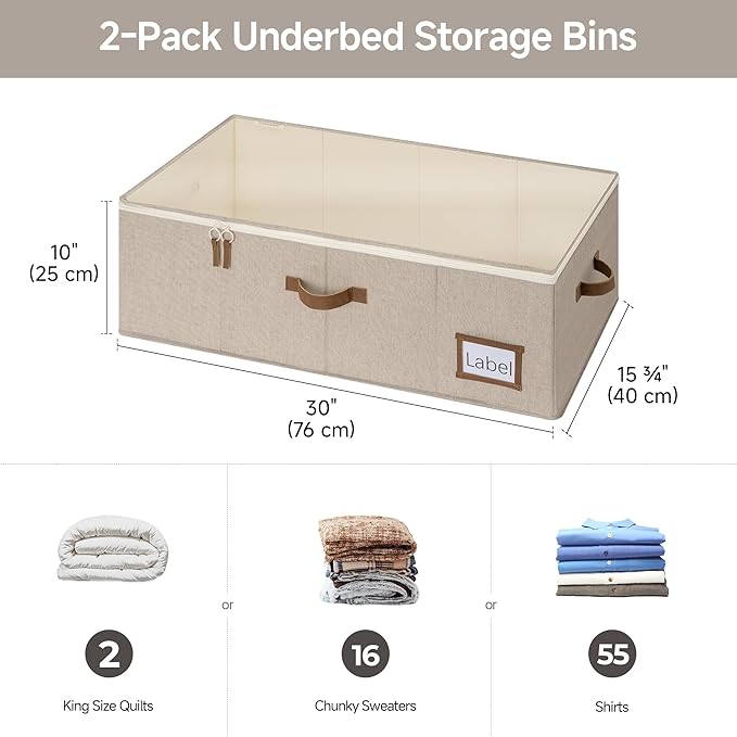 StorageWorks Under Bed Storage Bins, 10'' Underbed Storage Containers with Lid, 77L Clothes Organizer for Bedding, Blankets, Sweaters, Shoes, 2-Pack