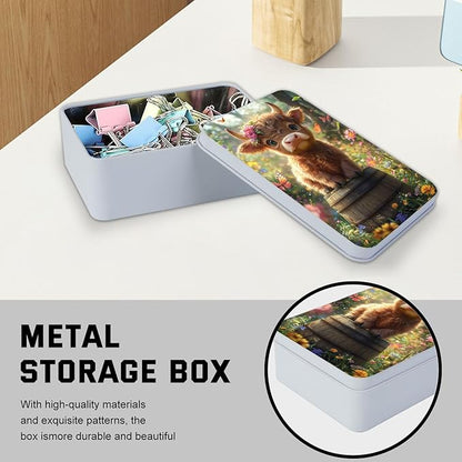 Metal Tin Box with Lid for Game Cards Home Large Organizer Candles Keys Crafts Storage - Comes with 4 Magnetic Cord Clips，Cute Highland Calf Floral