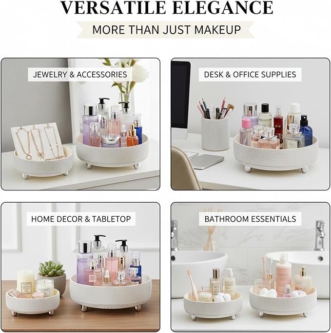 Rotating Bling Perfume Makeup Organizer, Rhinestone Cosmetic Display Cases with 2-Piece Set, 360° Spinning Bathroom Organizers for Countertop, Vanity Table | White