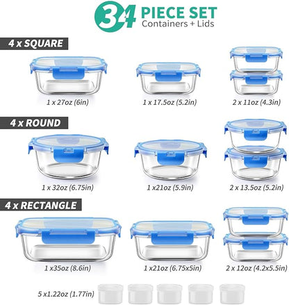 34pcs Glass Food Storage Containers with Lids Set, Airtight Glass Meal Prep Containers (17 Containers & 17 Lids), Leak Proof Lunch Container BPA-Free, Microwave, Oven, Freezer, Dishwasher Safe-Blue