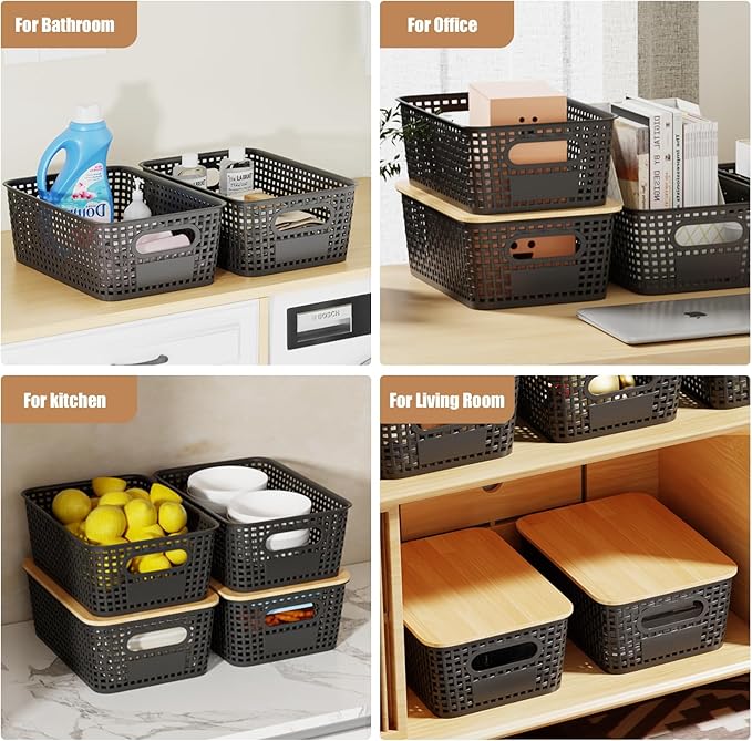 8 Pcs Plastic Storage Bins with Bamboo Lids and Labels 5.29qt Stackable Box Basket Pantry Decorative Containers, Small Storage Baskets for Desktop Organizing Shelves Bedrooms Cabinets 10*7.2*4.1"