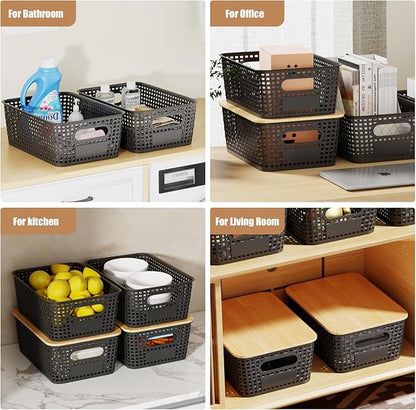 8 Pcs Plastic Storage Bins with Bamboo Lids and Labels 5.29qt Stackable Box Basket Pantry Decorative Containers, Small Storage Baskets for Desktop Organizing Shelves Bedrooms Cabinets 10*7.2*4.1"