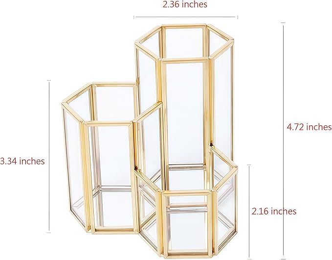 JIARI Glass Makeup Brush Holder, 3 Slots Gold Hexagon Cosmetics Organizer, Desktop Pen Pencil Pot for Office Home (Hexagon-3 Slot)