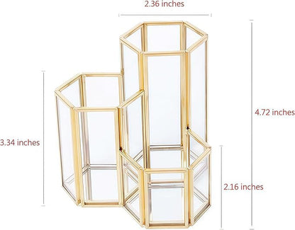 JIARI Glass Makeup Brush Holder, 3 Slots Gold Hexagon Cosmetics Organizer, Desktop Pen Pencil Pot for Office Home (Hexagon-3 Slot)