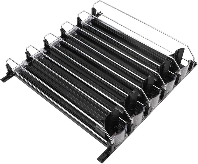 Drink Organizer for Fridge, Self Pushing Soda Can Dispenser, Automatic Drink Propeller, Adjustable Dividers (Blue)(Black)