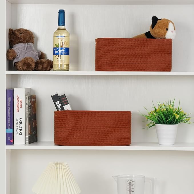 3-Pack Storage Baskets for Organizing | Woven Shelf Toy Basket | Rope Baskets for Gifts Empty | Closet Organizer Bins with Handles | Cube Decorative Box | 13.7×7.1×6.7” | Brick Red