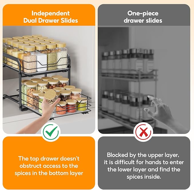 Pull Out Spice Organization for Cabinets, 2 Tier Pull Out Spice Rack, Slide Out Spice Rack Organizer for Cabinet, Spice Rack for Inside Cabinets, with Labels, 9" W×10.5" D×9" H, Black
