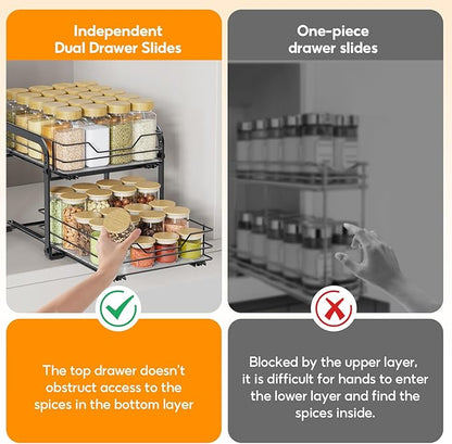 Pull Out Spice Organization for Cabinets, 2 Tier Pull Out Spice Rack, Slide Out Spice Rack Organizer for Cabinet, Spice Rack for Inside Cabinets, with Labels, 9" W×10.5" D×9" H, Black