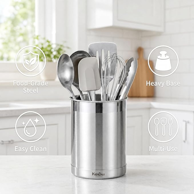 KSENDALO Stainless Steel Utensil Holder for Counter 5.0" Diameter, Brushed Metal Utensil Crock Canister for Cooking Utensils on Countertop, with Heavy Base, Dishwasher Safe,Silver