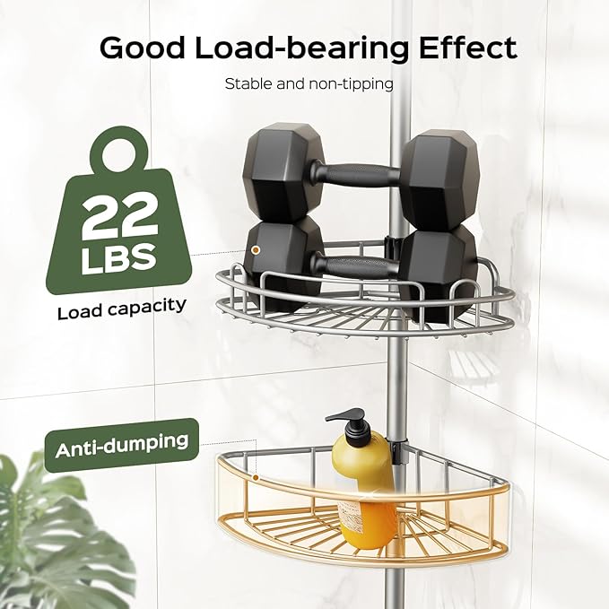 HAMITOR Corner Shower Caddy Tension Pole: 4-Tier Rust-Resistant Adjustable Bathroom Organizer Shelves - 47-121 Inch No-Drill Quick Installation - Space-Saving Storage for Renters Family - Silver Gray