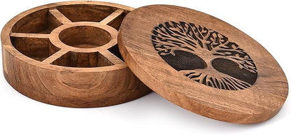 Spice Celler Black Acacia Wood Round Spice Box – Tree of Life Engraved Lid | 7 Compartment Masala Dabba for Kitchen Storage (8” X 8” X 2.25”)