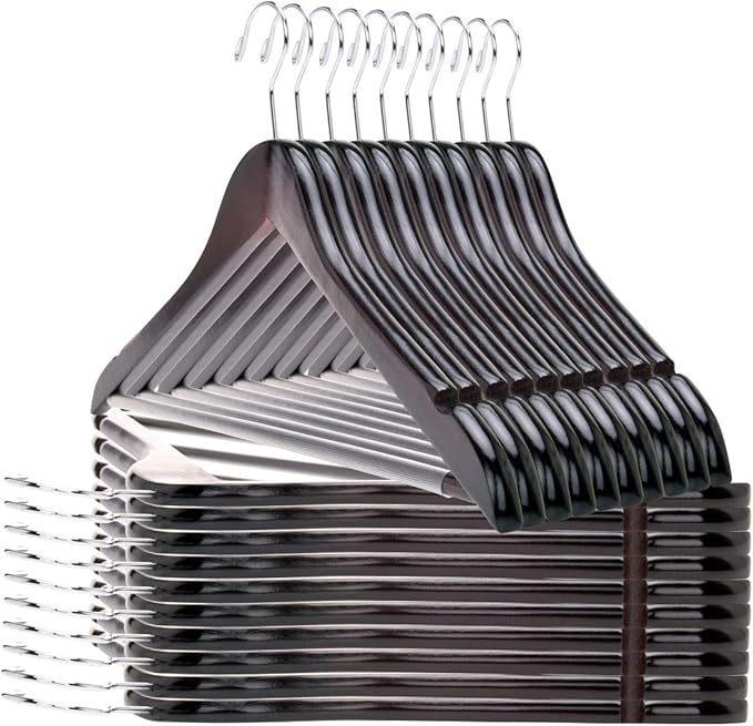 Quality Wooden Hangers - Slightly Curved, 20 Pack Sets - Mahogany Color Wood Coat Hangers with Chrome Hooks - Heavy-Duty for Clothes, Jackets, Shirts, Pants, Suits