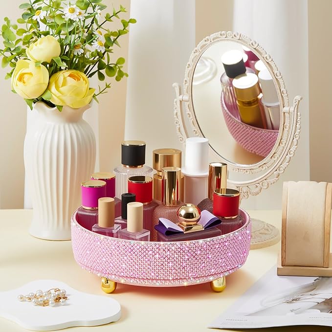 Honeydak Pink Bling Perfume Makeup Organizer Bling Mother's Day Nurses Day Gifts for Women Bathroom Organizers and Storage 360 Rotating Makeup Organizer for Countertop(Pearl)
