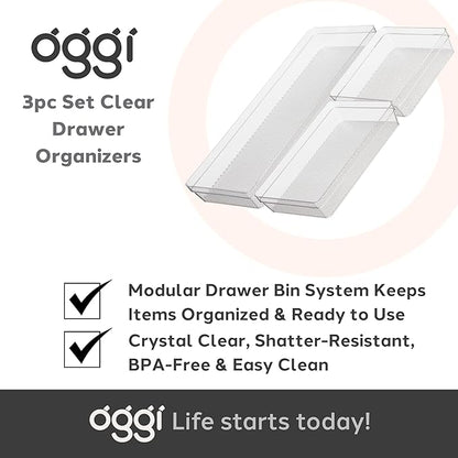 Oggi Set of 3 Clear Drawer Organizers - (1) 6x6.25, (1) 6.25x9.25, (1) 6.25x15.75 - Ideal for Organizing Kitchen Drawers, Office, Desk, Silverware, Kitchen Utensils, Cosmetics and Bathrooms