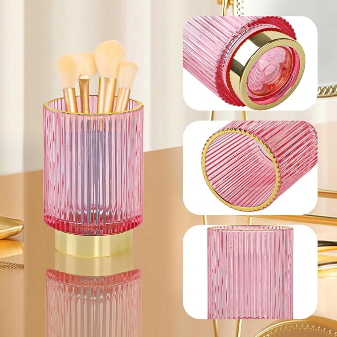 Vintage Makeup Brush Holder Organizer,Dresser Glass Brushes Holder,Vanity Cosmetic Brush Holder,Desktop Crystal Eyeliners Eyebrow Pencil Storage Cup Holder for Countertop (Large Pink)