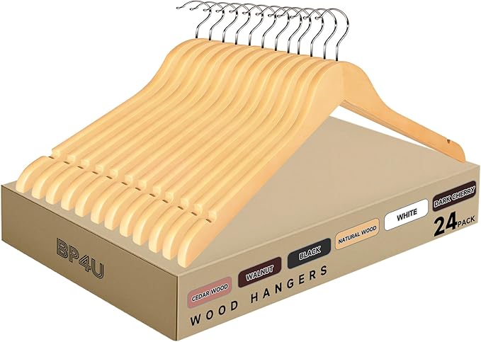 Premium Wooden Top Hangers, Heavy Duty Solid Wood Suit Hangers with 360° Swivel Hook & Anti-Slip Notches, Durable Clothes Hangers for Jackets, Coats, Shirts & Dresses(Natural Wood/24-Pack)