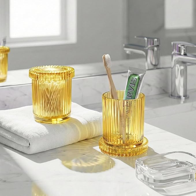 2 Pack Qtip Holder - Apothecary Jars with Lids, Bathroom Organizers and Storage Canister for Cotton Balls,Swabs,Floss Picks,Hair Ties,Clear Glass Vintage Bathroom Decor Jar Set (yellow)