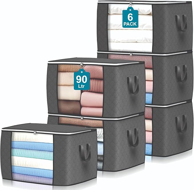 90L Large Storage Bags for Clothes,Blanket and Comforter, 6 Pack Foldable Clothes Storage Bins for Closet Organizer, Storage Containers with Handle, Storage Box