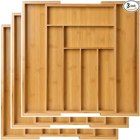Kitchen Drawer Organizer Expandable Bamboo, Utensil Organizer for Kitchen Drawer, Adjustable Silverware Organizer Tray 13–19.6”, Wooden Cutlery Drawer Organizer, Deep Compartments (3)