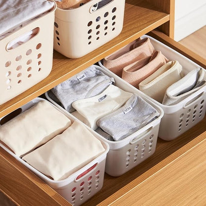 DEAYOU 9 Pack Plastic Storage Basket, Small Pantry Organizer Basket Bins, Rectangular Storage Tray Baskets Container with Handle for Shelf, Household, Desktop (Beige, White, Gray)