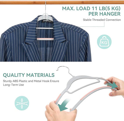 Tonswachic Pack of 50 Coat Hangers, Space-Saving Plastic Clothes Hangers, Non-Slip, 0.2 Inches Slim, 360° Swivel Silver Hook for Shirts, Pants, Suit & Wet/Dry Garments, Pink and Dark Gray