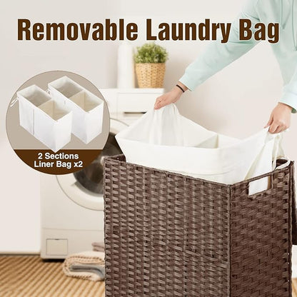 Greenstell Laundry Hamper with lid, No Install Needed, 90L Wicker Laundry Baskets Foldable 2 Removable Liner Bags, 2 Section Clothes Hamper Handwoven Rattan Laundry Basket with Handles, Brown
