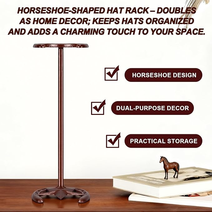 2 Pack Cowboy Hat Rack Stand Cowboy Hat Display Holder with Western Horseshoe Decor Vintage Gifts for Fedoras, Sun Hats, Iron & Bronze, Equestrian Supply (Stylish)