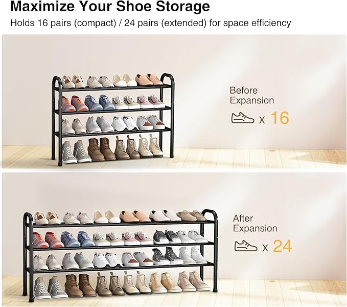 STO STO Long Expandable Shoe Rack 3-Tier, Adjustable Length 33.7”–47.5” Shoe Organizer, Metal Shoes Storage Shelf, Holds Up to 24 Pairs, Non-Slip Feet, for Closet, Entryway, Hallway, Front Door, Black