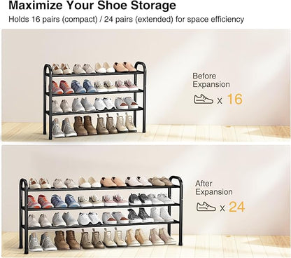 STO STO Long Expandable Shoe Rack 3-Tier, Adjustable Length 33.7”–47.5” Shoe Organizer, Metal Shoes Storage Shelf, Holds Up to 24 Pairs, Non-Slip Feet, for Closet, Entryway, Hallway, Front Door, Black