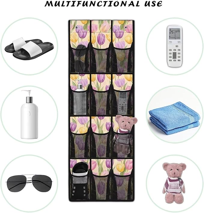 Multi-Pocket Over the Door Organizer, 12 Mesh Pockets Storage Hanging Bag Behind the Door for Shoes Toys and Cleaning Supplies, Fabric Door Organizer for Bedroom Bath, Easter Tulip