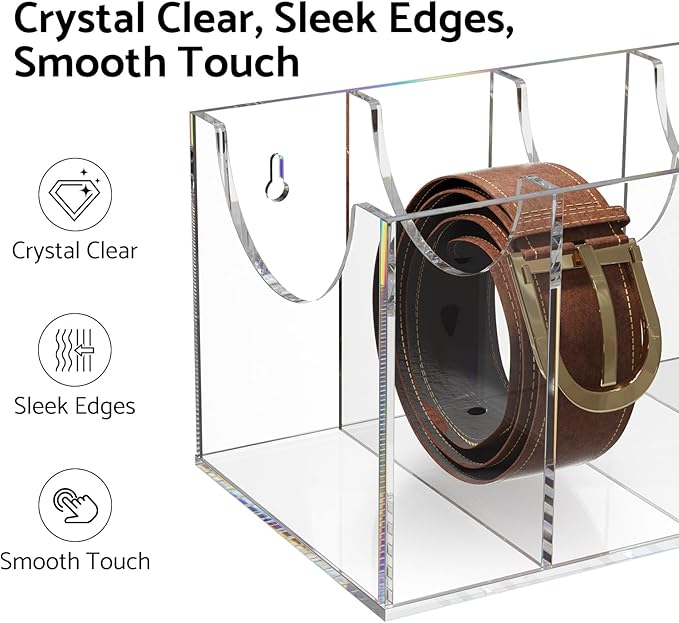 FEMELI Belt Organizer, Acrylic 7 Compartments Container Storage Holder, Clear Display Case for Closet Tie and Bow Tie