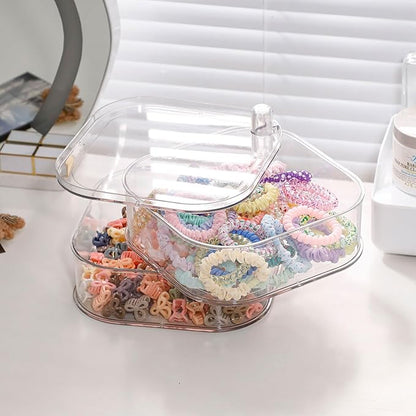 FABROK 2-Layer Girls Hair Accessories Organizer, Large Rotating Vanity Storage Container for Headbands, Scrunchies, Clips, Plastic Women Hair Ties Holder, Makeup Brush Box