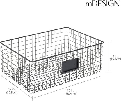 mDesign Wide Steel Wired Storage Organizer Bin Baskets with Label Slot for Kitchen Pantry, Cabinet, Organizing Holder for Food, Drinks, Snacks, Produce, Omaha Collection, 2 Pack, Matte Black
