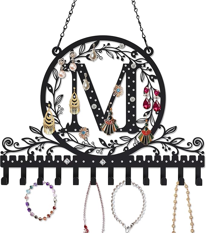 Wall-Mounted Metal Initial Letter M Earring Holder Hanging Jewelry Organizer for Earrings and Necklaces Space-Saving Wall Display with Hooks for Jewelry Storage