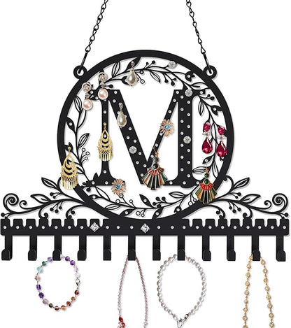 Wall-Mounted Metal Initial Letter M Earring Holder Hanging Jewelry Organizer for Earrings and Necklaces Space-Saving Wall Display with Hooks for Jewelry Storage
