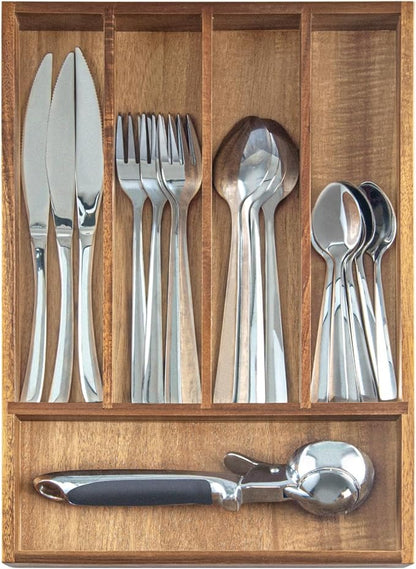 KITEISCAT Acacia Wood Silverware Organizer, Kitchen Utensil Drawer Organizer for Forks, Knives & Spoons, 5-Compartment Cutlery Tray, Flatware Holder