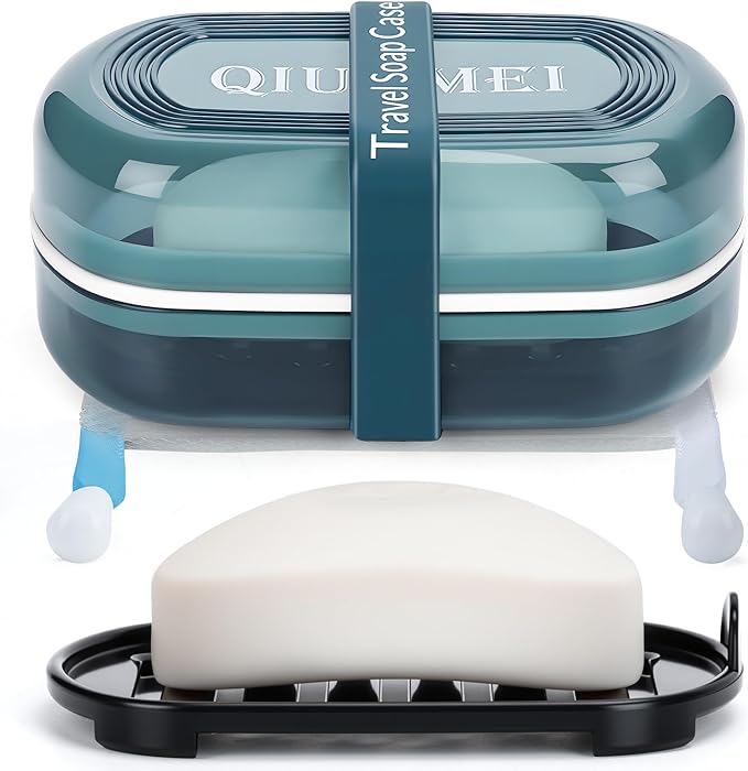 Leakproof Travel Soap Case with Lid | Draining Soap Bar Holder & Dish with Silicone Strap | Includes Mesh Soap Bag | for Shower, Bathroom, Camping, Gym (Blue)
