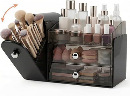 Makeup Organizer with Dustproof Brush Holder, Large Capacity Skincare & Cosmetic Storage for Vanity, 3-Tier Bathroom Countertop Organizer with Drawers for Perfume, Lipstick, Mask, Ideal Gift (Black)