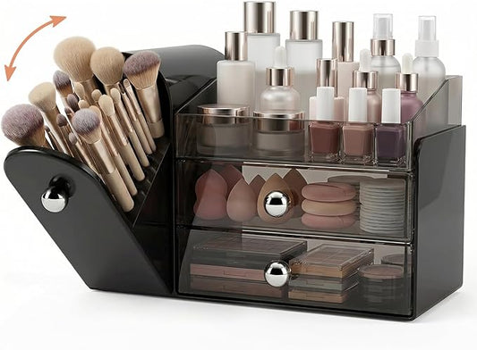 Makeup Organizer with Dustproof Brush Holder, Large Capacity Skincare & Cosmetic Storage for Vanity, 3-Tier Bathroom Countertop Organizer with Drawers for Perfume, Lipstick, Mask, Ideal Gift (Black)