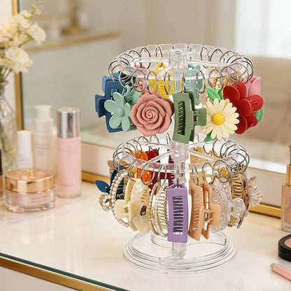 2-Tier Acrylic Claw Clip Organizer Rack with Tray, Large Rotatable Capacity Hair Claw Clips Holder for Bathroom Bedroom, Durable Clear Hair Accessories Organizer Storage with 48 Metal Rings