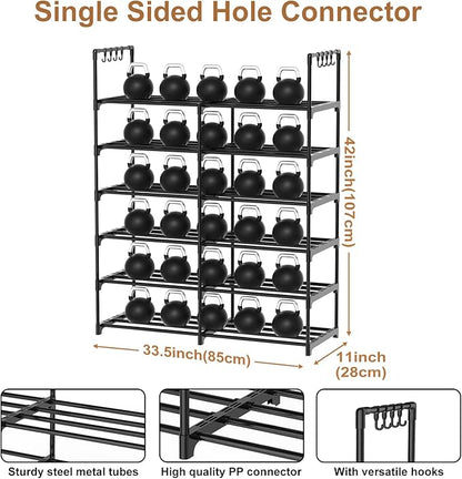 2-Row 6-Tier Stackable Shoe Rack, Black Metal Shoe Shelf with Multifunctional Hooks, Hold 24-30 Pairs, Space Saving Shoes Organizer for Closet,Show Rack