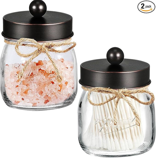 SheeChung Bathroom Decor, Bathroom Organizers and Storage, Qtip Holder, Vanity Decor, Cute Mason Jars for Cotton Swabs, Balls, Cotton Pads, Floss Picks (Oil Rubbed Bronze, 2 Pack)