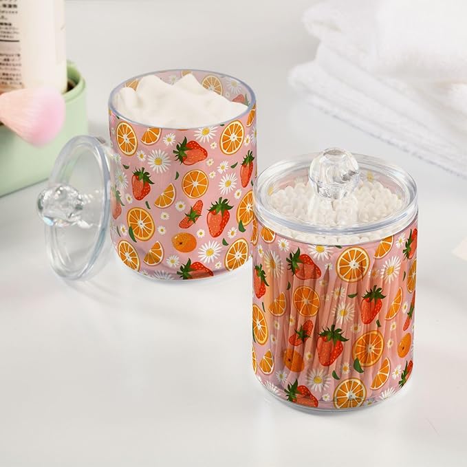 ALAZA 4pcs Strawberry Orange Fruit Daisy Flower Qtip Holder Dispenser 14 oz Bathroom Storage Clear Apothecary Jars Containers Cotton Ball,Cotton Rounds,Floss Picks, Hair Clips, Food