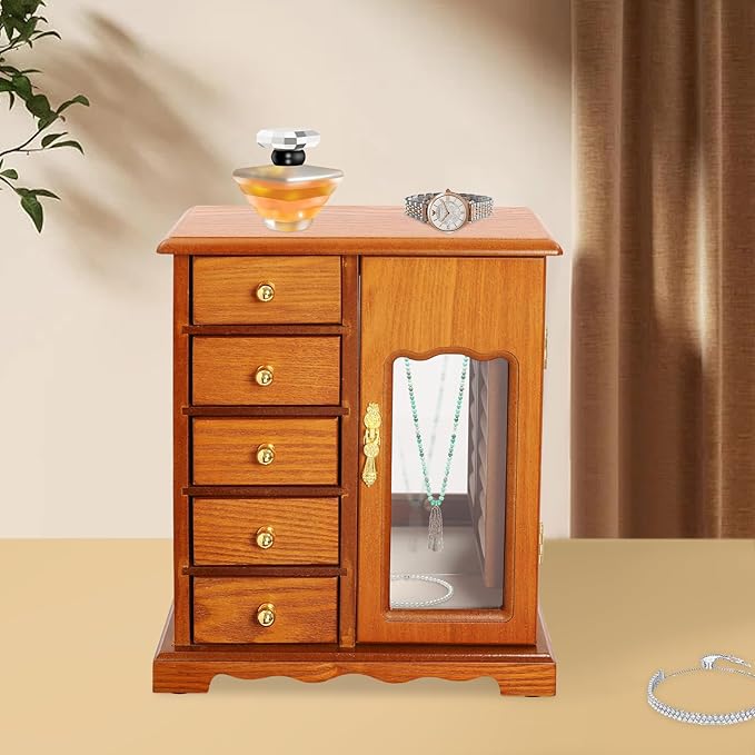 Wooden Jewelry Box, Jewelry Organizer with 5 Drawers, Large Storage Space Desktop Jewelry Storage Box with Anti-Slip Feet,for Organizing Necklaces, Bracelets, Earrings (Light Wood Color)